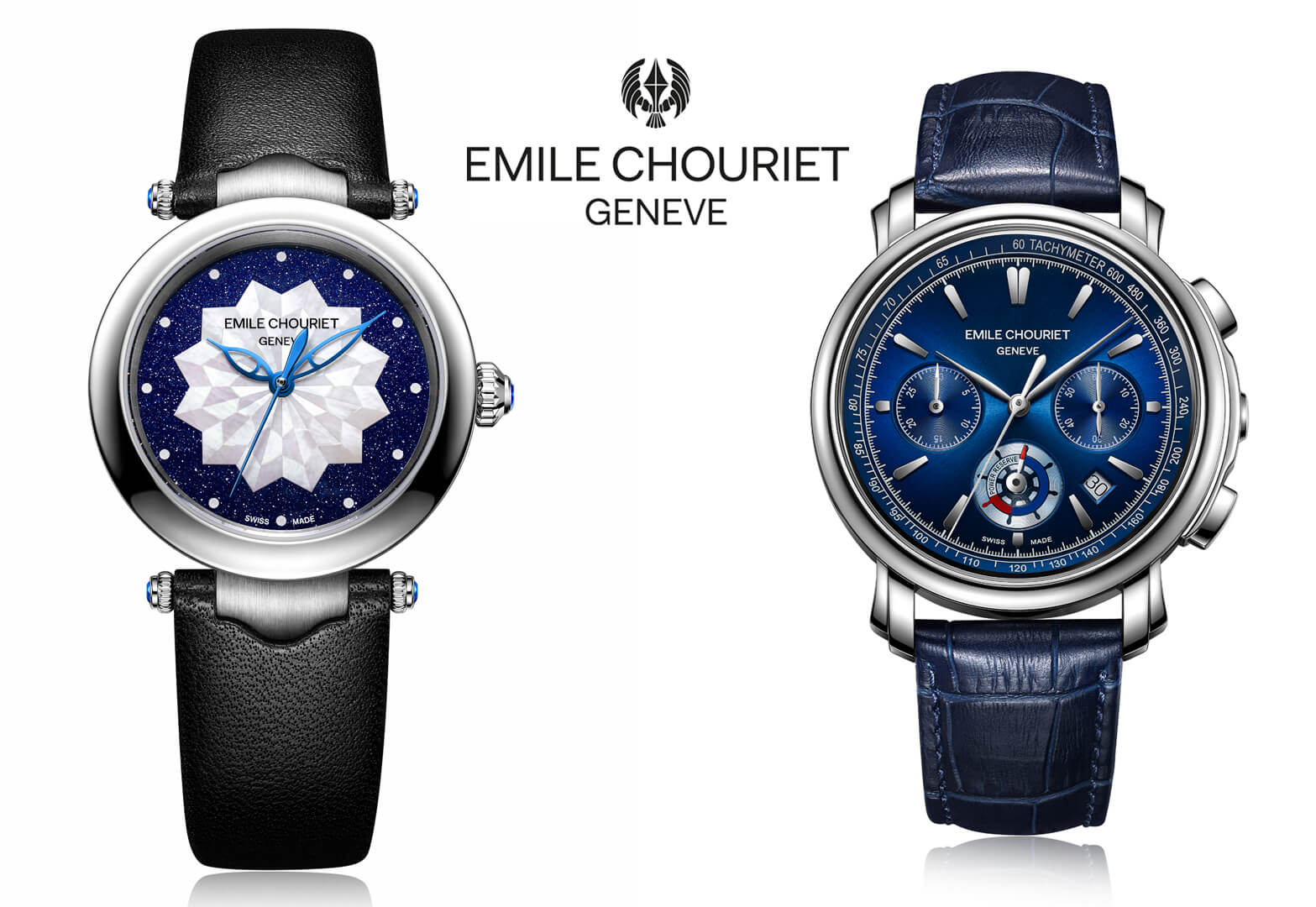 The Emile Chouriet Women’s Fair Lady Lotus Blue Watch and Men's Lac Leman Chronograph Blue Watch