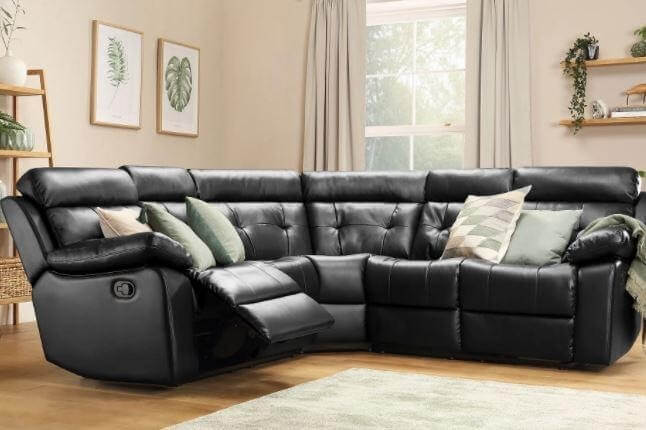 Click to buy the Grosvenor Black Leather Recliner Corner Sofa.