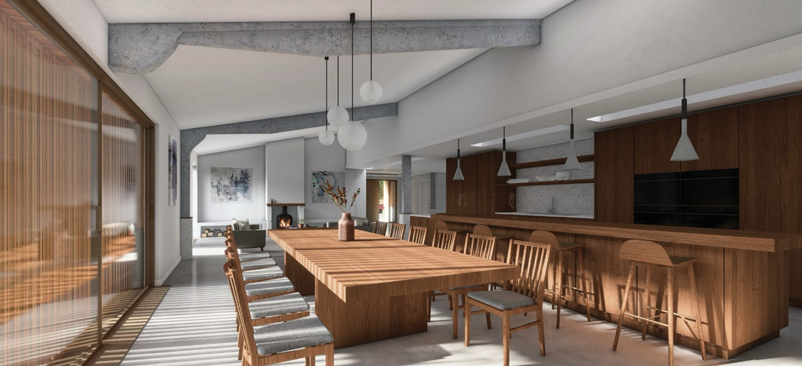 An open-plan kitchen-diner in a modern Brutalist style