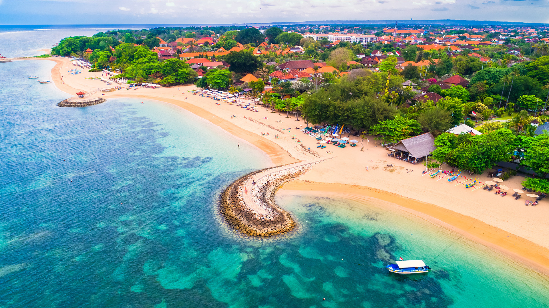 Aerial view of Sanur beach, Bali, Indonesia